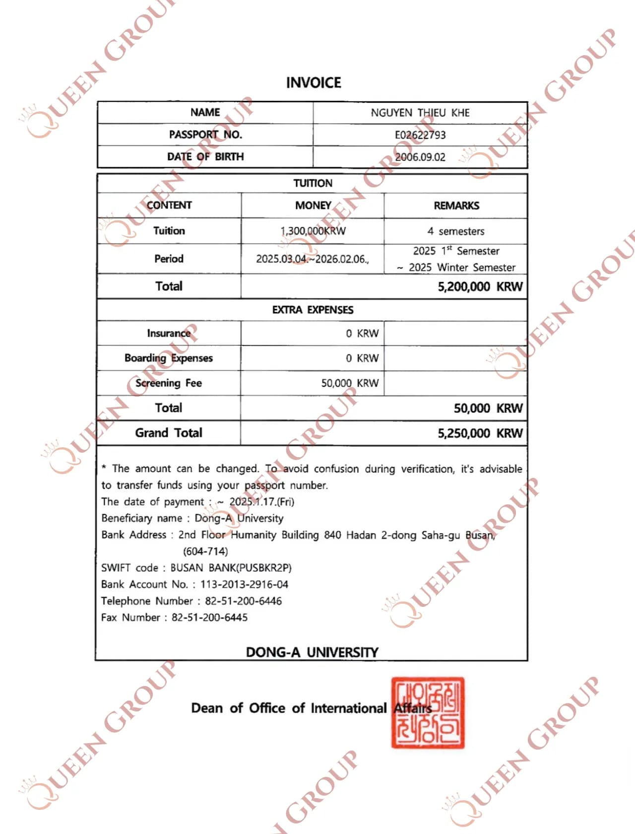 Hóa đơn học phí tại Đại Học Dong-A Hàn Quốc
