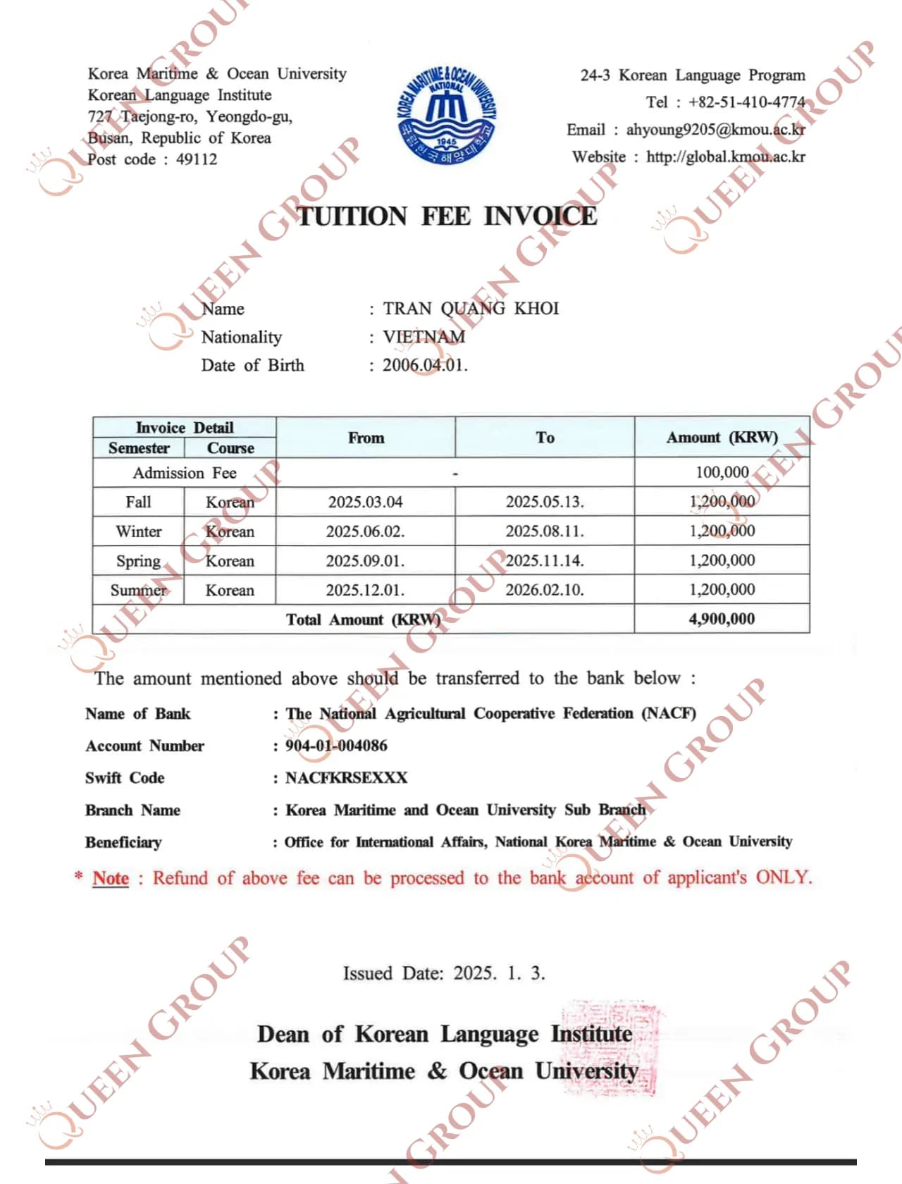 Học phí tại trường đại học hàng hải và đại dương hàn quốc